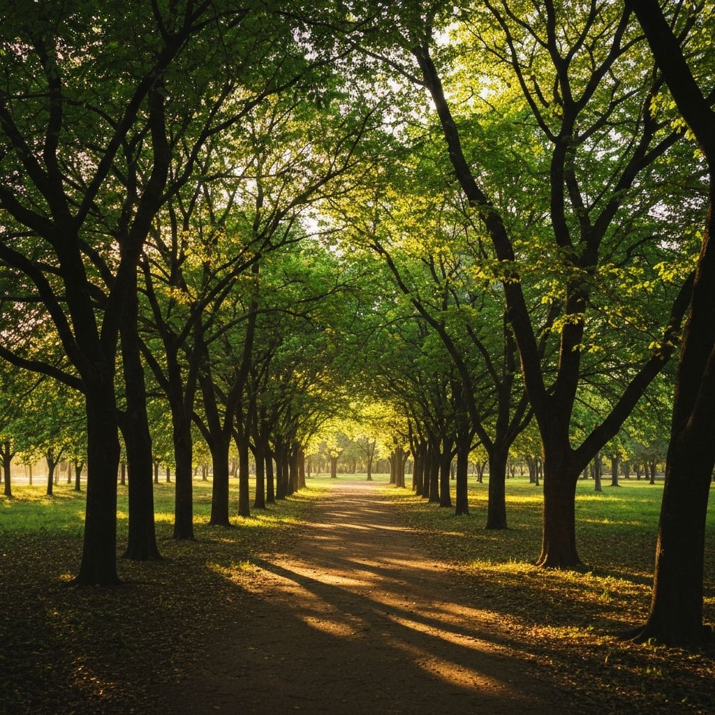 A peaceful park path through green trees in warm morning light