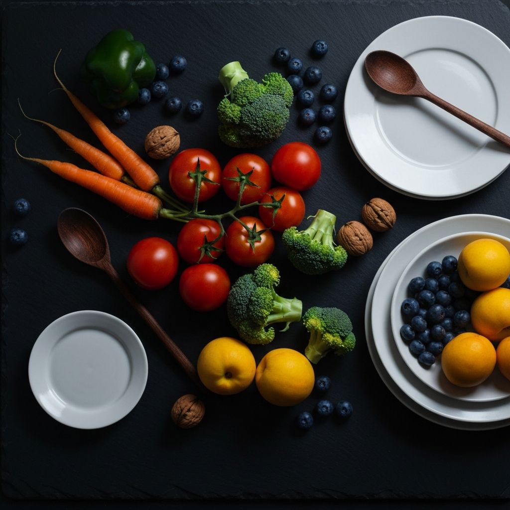 Fresh whole foods arranged artistically on a dark slate surface from above